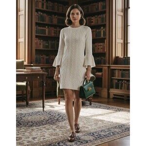 Eliza J. Ivory Cream Cable Knit Sweater Dress Bell Sleeves Size Medium